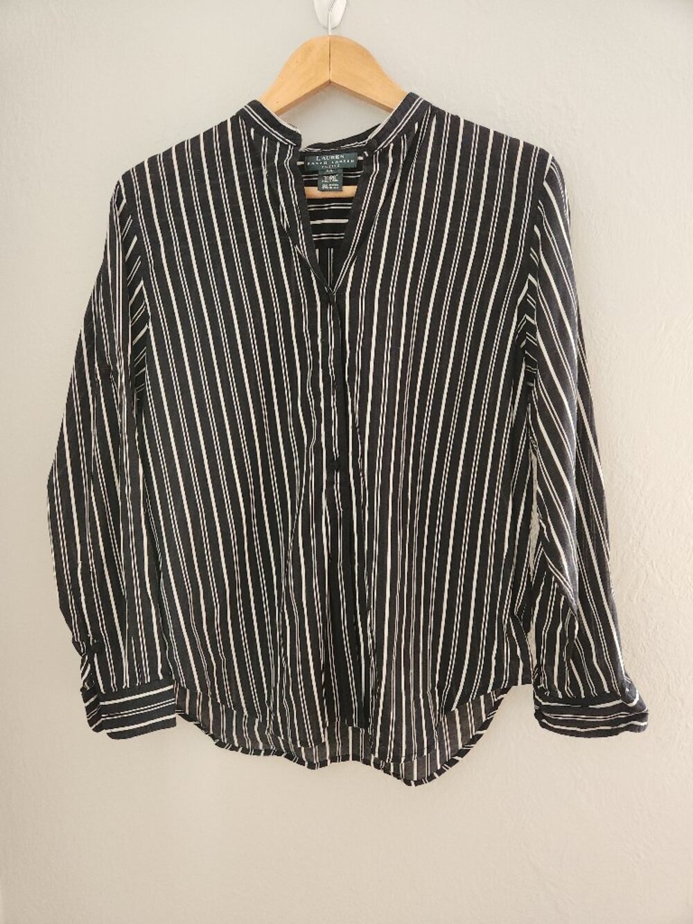 Ralph Lauren Black & White Striped Airy 100% Cotton Blouse Womens Petite Large